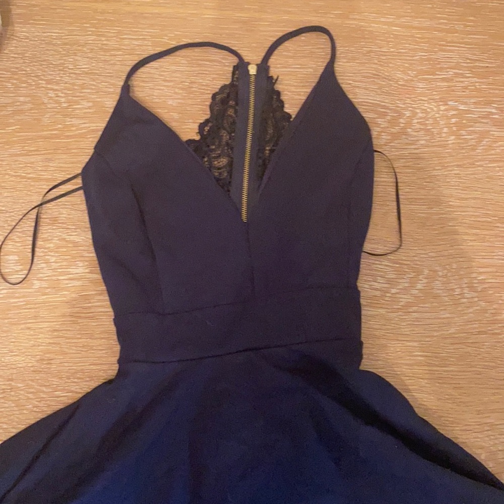 Navy blue lace back spaghetti strap dress
